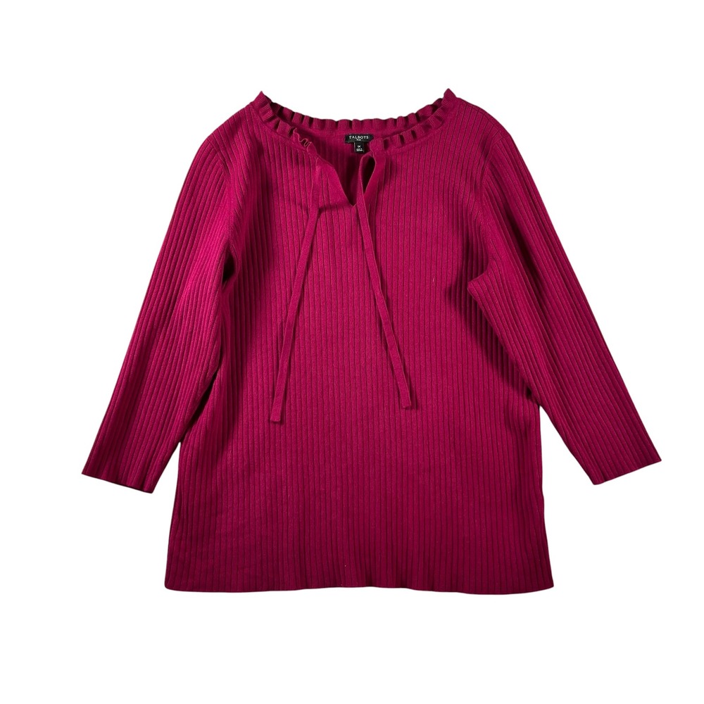 Talbots Plus Size 1X Berry Pink Ribbed Knit Ruffle Neck Tie Front Sweater Top